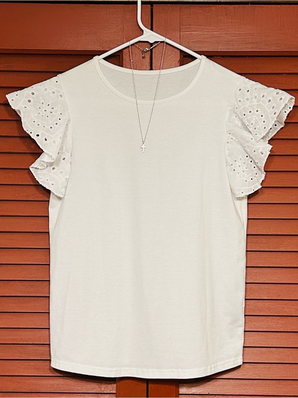 White Eyelet Ruffle Sleeve Top by SHEIN